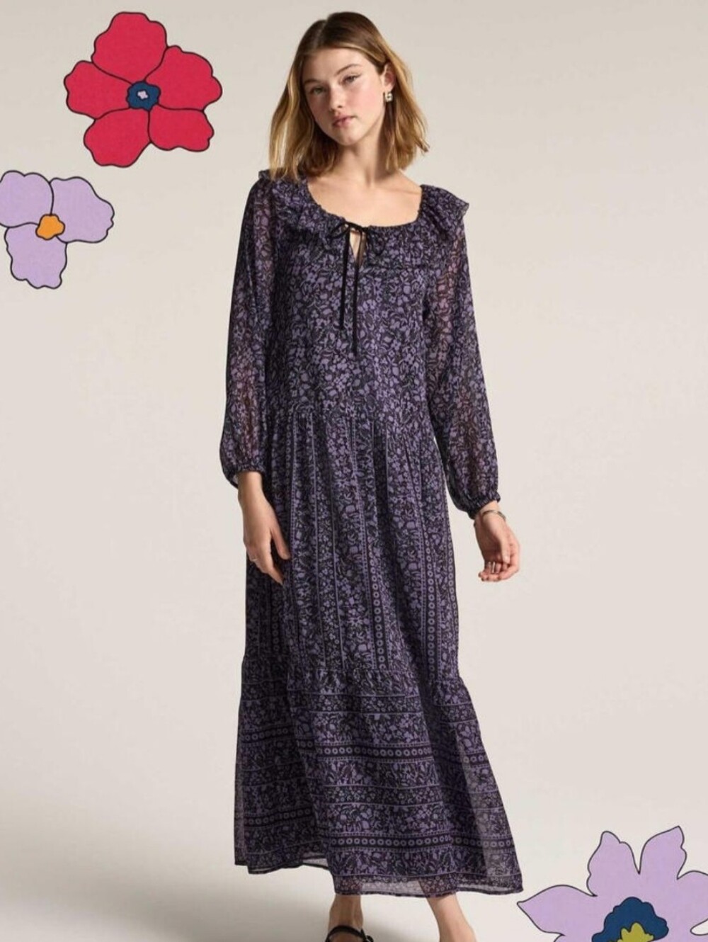 NWOT Old Navy x Anna Sui Purple Iris Floral Tiered Ruffle Maxi Dress Size XL